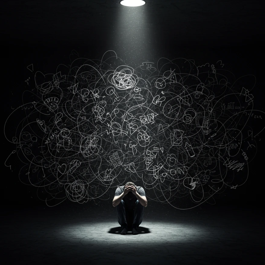 A person overwhelmed by chaotic thoughts under a spotlight